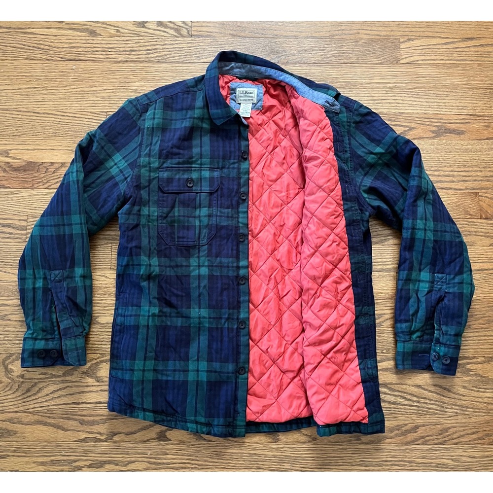 LL Bean Primaloft Insulated Flannel Shirt Jacket Black Watch Plaid Mens Medium